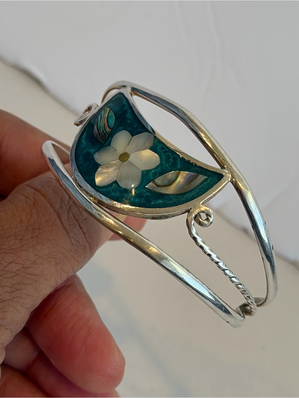 Alpaca Mexico Silver Abalone Shell Lotus Crushed Turquoise Cuff SZ M Bracelet